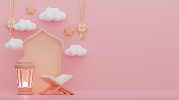 Islamische Dekoration Hintergrund Ramadan Kareem Banner Vorlage mit 3D-Illustration Laterne Cloud Quran und Sternen kopieren Raum