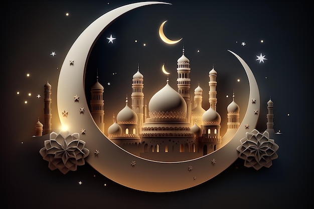 Islamische Eid Mubarak-Grußkarten für muslimische FeiertageEidUlAdha-FestfeierArabische Ramadan-Laterne Generativer AI-Halbmond islamisch mit Moschee für Ramadan Kareem