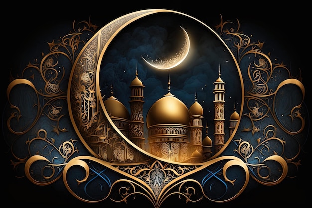 Islamische Eid Mubarak-Grußkarten für muslimische FeiertageEidUlAdha-FestfeierArabische Ramadan-Laterne Generativer AI-Halbmond islamisch mit Moschee für Ramadan Kareem