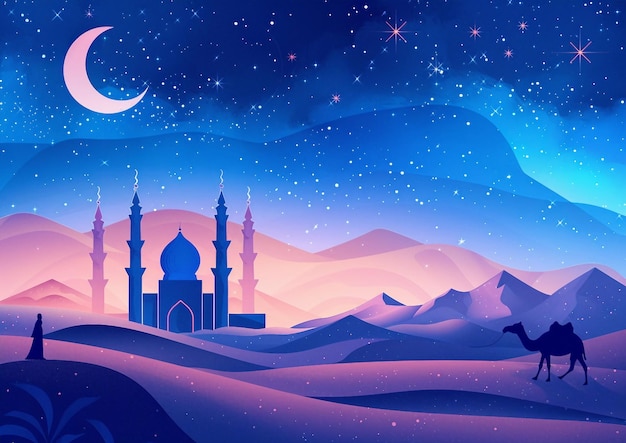 Islamische Feierlichkeiten Ramadan und Eid Mubarak Design mit Halbmond Geschenk Kiste und Beten Mann 3