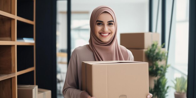 Islamische Frau im Hijab, die in einem Umzugsunternehmen arbeitet und Kartonkisten verpackt und transportiert.