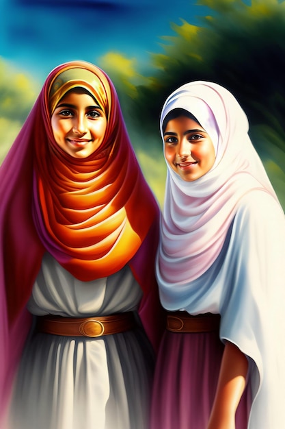 Islamische frauen, die hijab tragen, schöne muslimische frauenporträtillustration