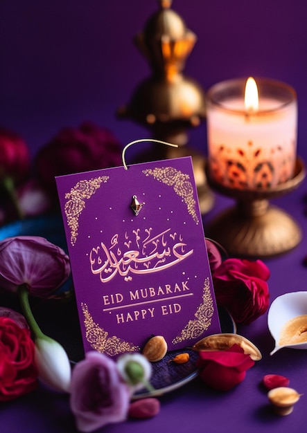 Islamische Grüße Eid Mubarak oder Happy Eid Kartendesign mit goldenen Laternenkerzen Blumen und Datteln