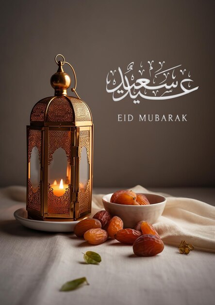 Islamische Grüße Eid Mubarak oder Happy Eid Kartendesign mit schöner goldener Laterne und Dattelfrüchten