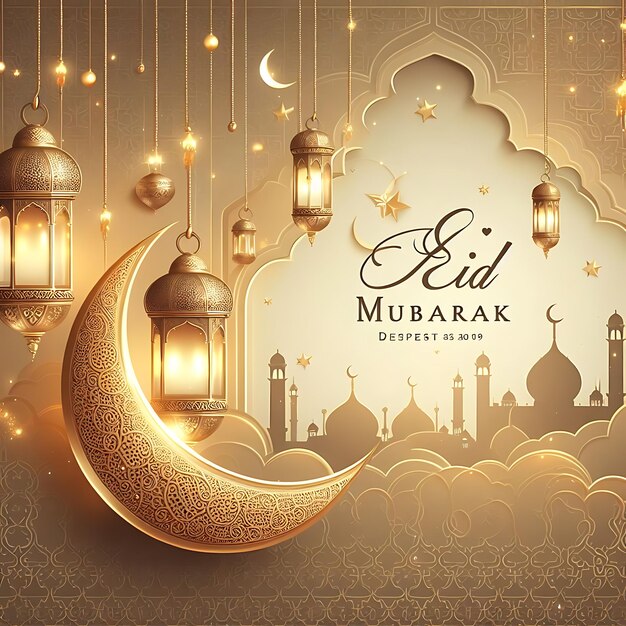 Islamische Grüßkarte Eid Mubarak mit wunderschönen goldenen Laternen