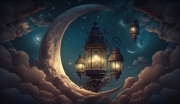 Islamische Illustration eines Halbmondes und realistischer Wolken mit traditionellen Laternen und Kerzen, die die Nacht erhellen Generative ai