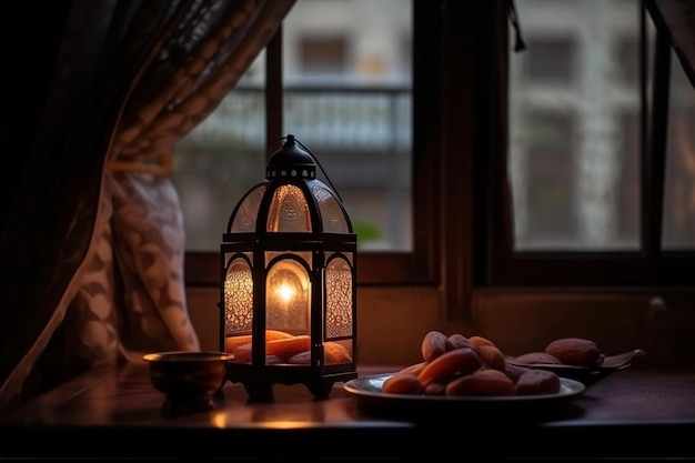 Islamische Laterne auf einem Tisch am Fenster