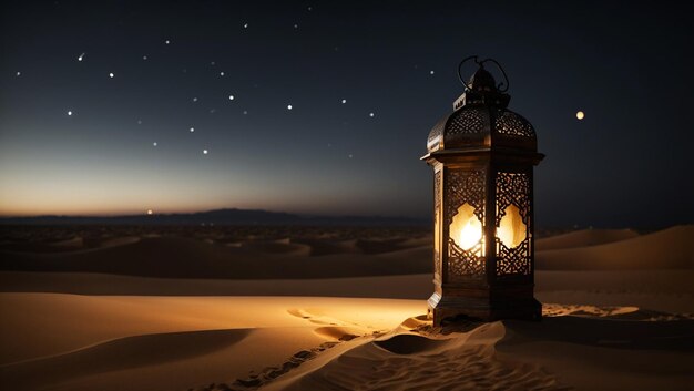 Islamische Laterne in der Wüste in der Nacht