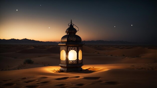 Islamische Laterne in der Wüste in der Nacht