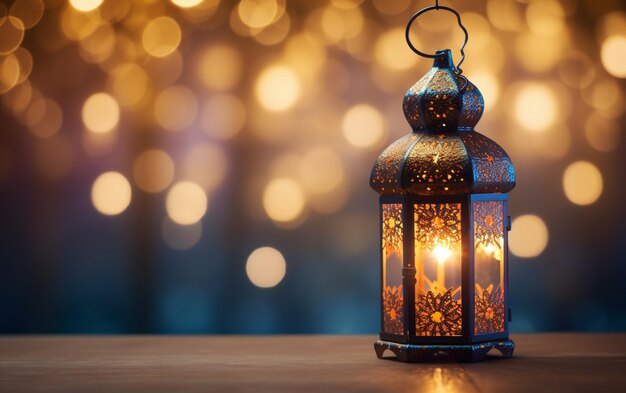 islamische Laterne mit Bokeh-Lichtern im Hintergrund für Adha und Fitr Eid