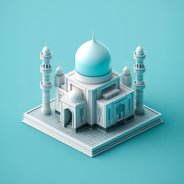 Islamische Moschee im isometrischen 3D-Stil mit helltürkiser Farbe