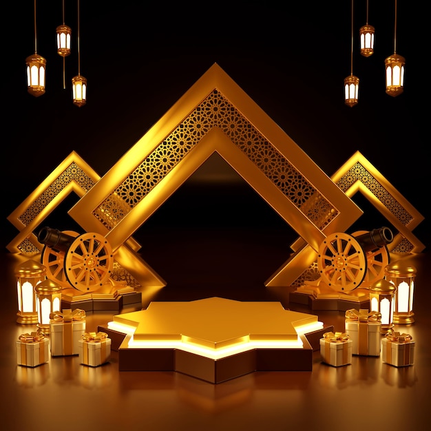 Foto islamische produktpräsentation. podium, halbmond, laterne, geschenkbox. ramadan, islamisches neujahr. 3d-rendering.
