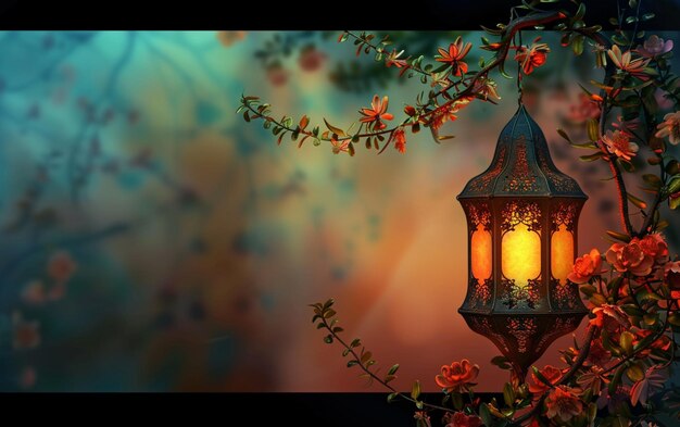 Foto islamische ramadan-feier-lampe im fantasy-stil mit einheitlichem hintergrund und blumen