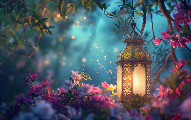 Foto islamische ramadan-feier-lampe im fantasy-stil mit einheitlichem hintergrund und blumen