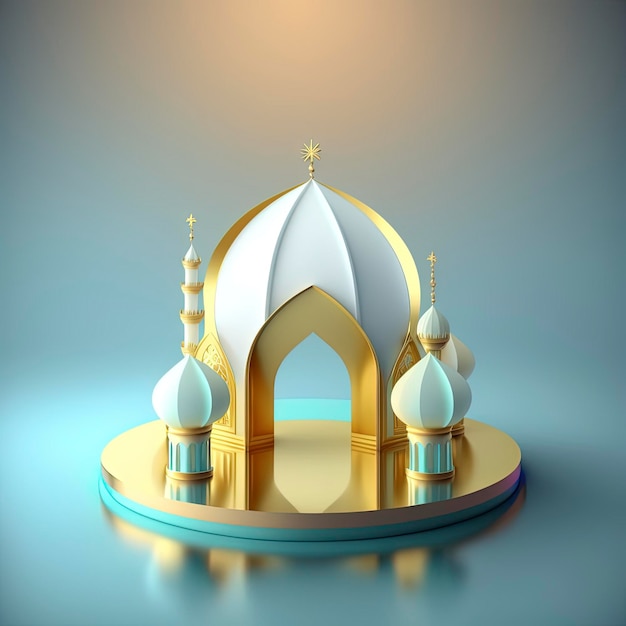 Islamische Ramadan-Szene mit goldener 3D-realistischer Moscheenbühne und Podium für die Produktpräsentation