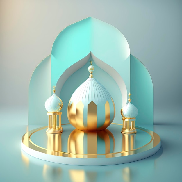 Islamische Ramadan-Szene mit goldener 3D-realistischer Moscheenbühne und Podium für die Produktpräsentation