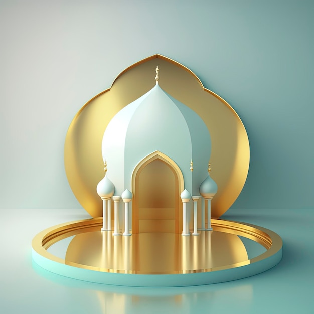 Islamische Ramadan-Szene mit goldener 3D-realistischer Moscheenbühne und Podium für die Produktpräsentation