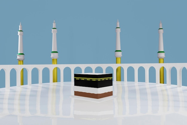 Islamische Wallfahrt Kaaba für Hadsch-Schritte in der AlHaram-Moschee Mekka Saudi-Arabien am blauen Himmel Eid Adha Mubarak 3D-Rendering