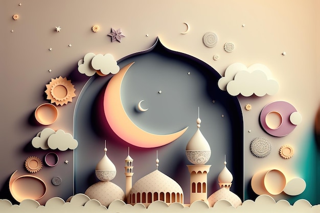 Islamischer Dekorationshintergrund mit Moschee und Halbmond Generative KI-Illustration