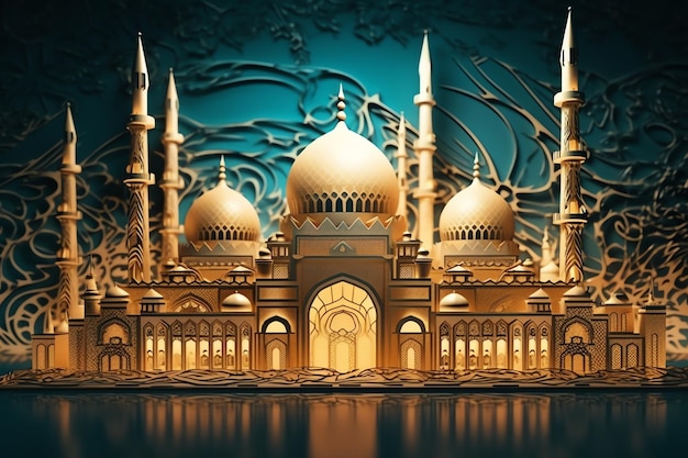 Islamischer Dekorationshintergrund mit schöner Moschee im Cartoon-Stil ramadan kareem mawlid iftar isra miraj eid al fitr adha muharram kopierraum textbereich 3d-illustration