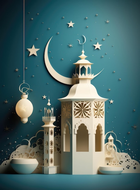 Islamischer Eid Mubarak Hintergrund Ramadan Kareem Moschee Mondlaterne Papierkunststil Ai generiert