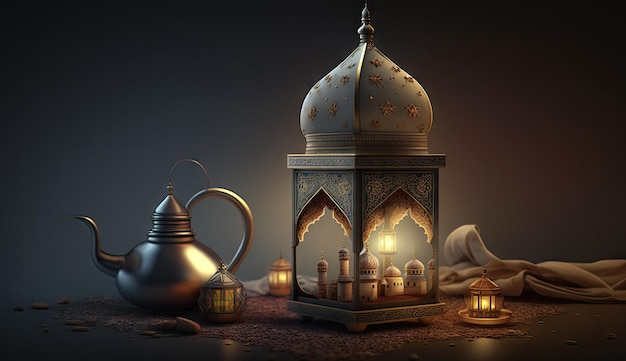 Islamischer Feiertag Ramadan Kareem Event Hintergrund dekoriert mit arabischem Laternenmond Generative AI