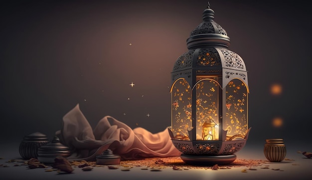 Islamischer Feiertag Ramadan Kareem Event Hintergrund dekoriert mit arabischem Laternenmond Generative AI