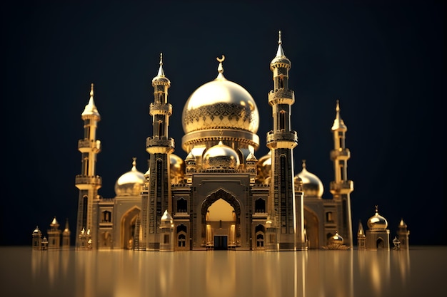 Islamischer Hintergrund Ein 3D-Modell einer goldenen Moschee für Eid Mubarak