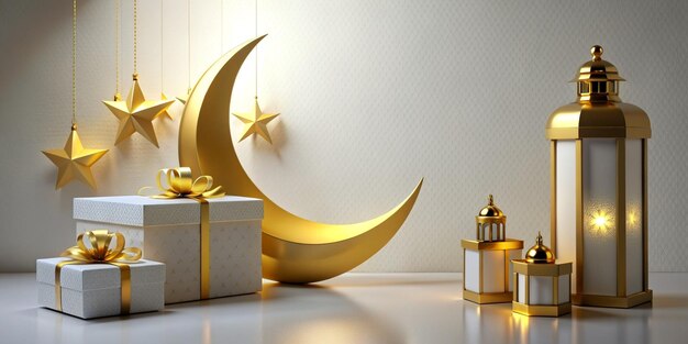 Islamischer Hintergrund Lantern Gold Halbmond auf weißem Design Konzept von Ramadan Kareem Eid Mubarak