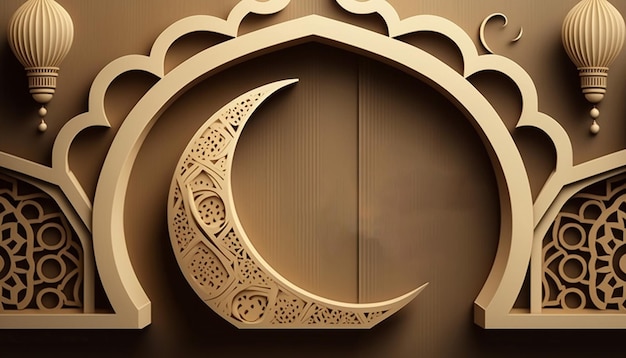 Islamischer Ramadan-Grußhintergrund mit generativer 3D-Holz-KI