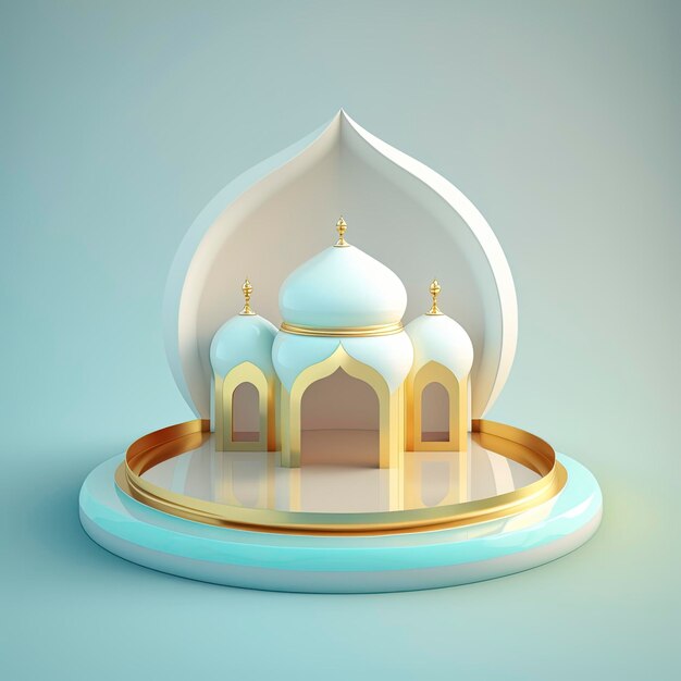 Islamischer ramadan-podiumshintergrund der futuristischen und modernen 3d-realistischen moschee mit szene und bühne für die produktpräsentation