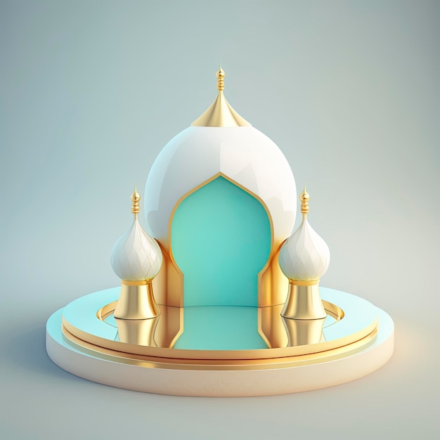 Islamischer ramadan-podiumshintergrund der futuristischen und modernen 3d-realistischen moschee mit szene und bühne für die produktpräsentation