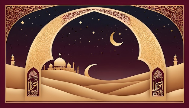 Islamisches Bogendesign mit komplizierten geometrischen Mustern in Gold und Marron Ramadan Mubarak