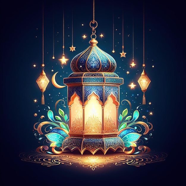 Islamisches Feiertagsbanner in lila monotonen Design Display-Podium mit Ramadan-Lampen-Metallmond