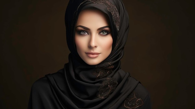 Islamisches Porträt mit schwarzem Hijab, das auf dunklem Hintergrund in die Kamera schaut Schöne muslimische Dame