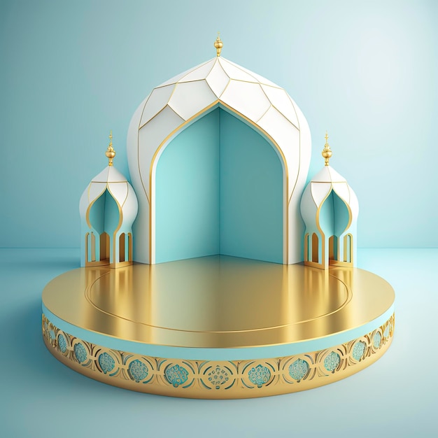 Islamisches Thema Produktanzeige Hintergrund in 3D-Rendering Illustration Design Portalrahmen der Moschee mit Podium oder Bühne und leerem Raum