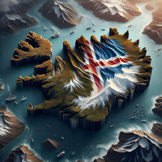 Island Karte mit schwingender Flagge des Landes realistisches Foto