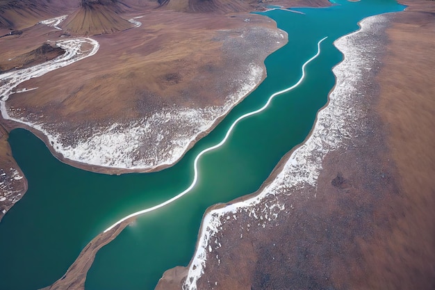 Island Luftfluss mit gewundenen Ufern und leuchtend türkisfarbenem Wasser