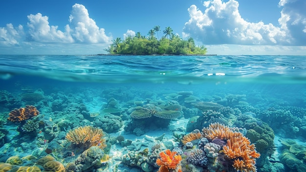 Las islas y los arrecifes de coral de una región tropical se ven desde una perspectiva dividida con una línea de flotación