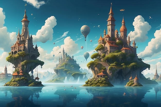 Islas flotantes torres de reloj de fantasía y escenas de fiesta