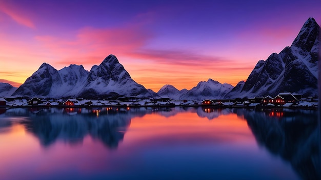 Islas Lofoten Noruega Reine Lofoten Atardecer Montaña Invierno Snow Mar Agua Reflejo Naturaleza