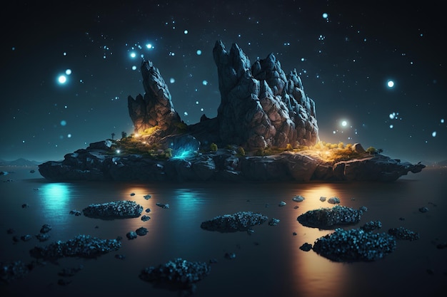 Islas de roca voladora en el paisaje del cielo nocturno Ai art