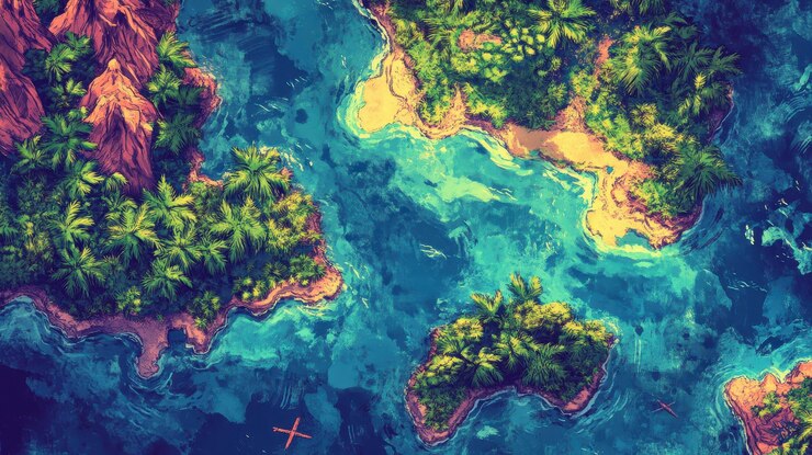 Islas tropicales vistas desde el aire que muestran una exuberante vegetación y el océano