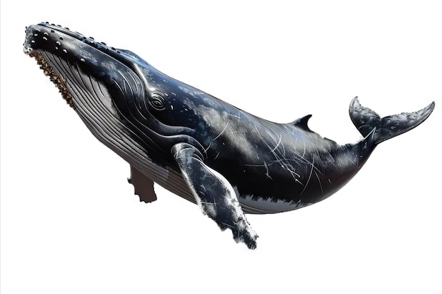 Isolada 3d ballena jorobada nadando ángulo bajo en fondo blanco parece ballena volando en el cielo