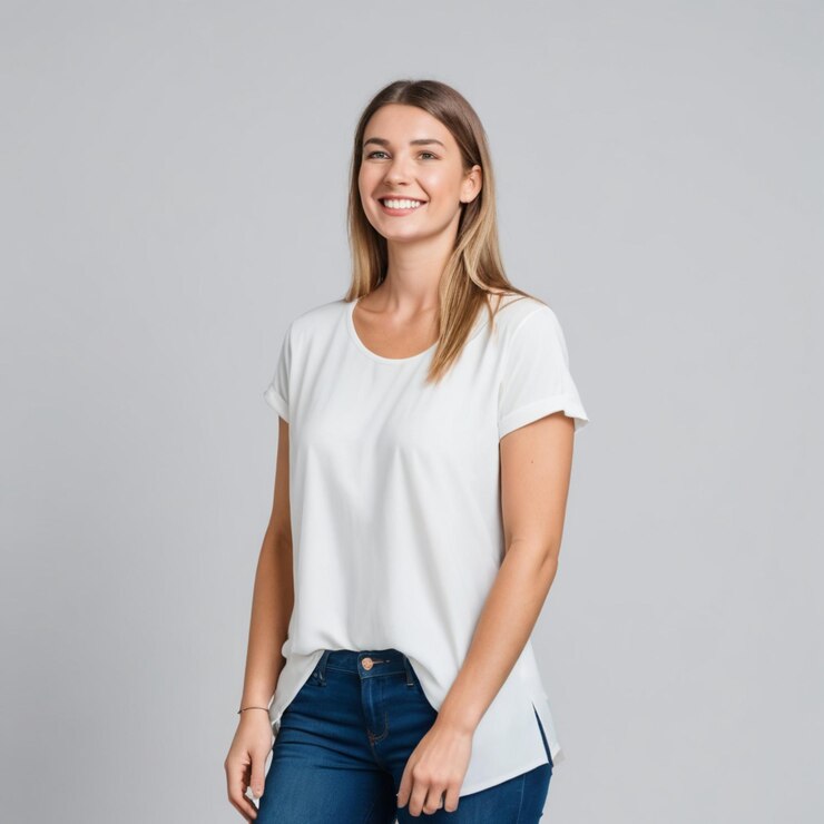 Isolada, elegante, sorridente, mulher em pleno crescimento, com um fundo limpo.