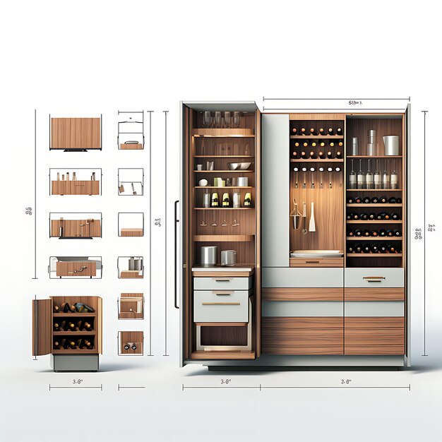 Isolado de guarda-roupa com built-in refrigerador de vinho e vidro Stora em branco fundo em branco