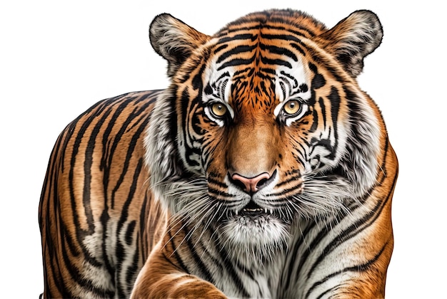Isolado em branco um close de um tigre macho olhando diretamente para a câmera