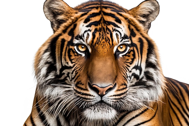 Isolado em branco um close de um tigre macho olhando diretamente para a câmera