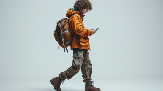 Isolado em fundo branco, uma foto de perfil de comprimento completo de um adolescente olhando para um telefone enquanto caminha