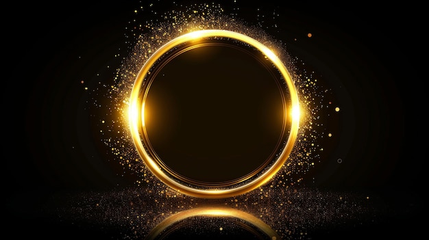 Isolado em torno de um fundo preto, um efeito bokeh dourado é aplicado ao fundo, resultando em uma borda amarela redonda com partículas cintilantes, reflexos brilhantes e uma luz mágica.